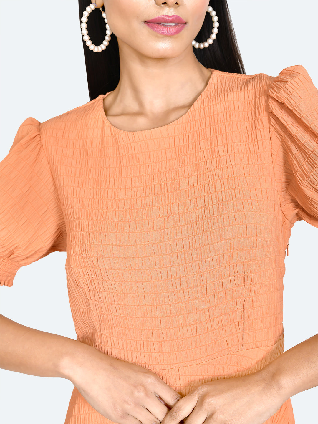 Orange Textured Puff Sleeve Short Dress