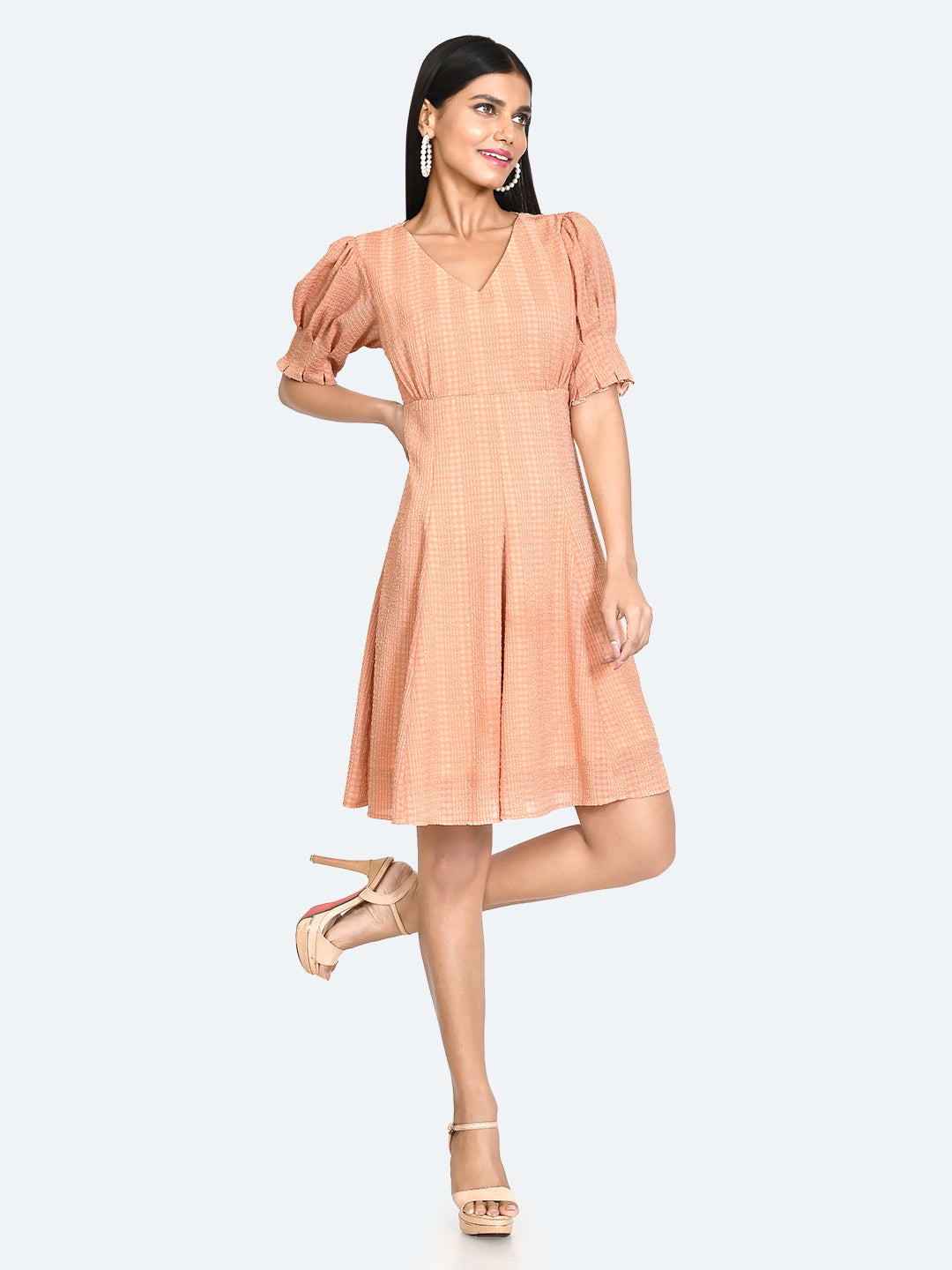 Orange Textured Puff Sleeve Short Dress