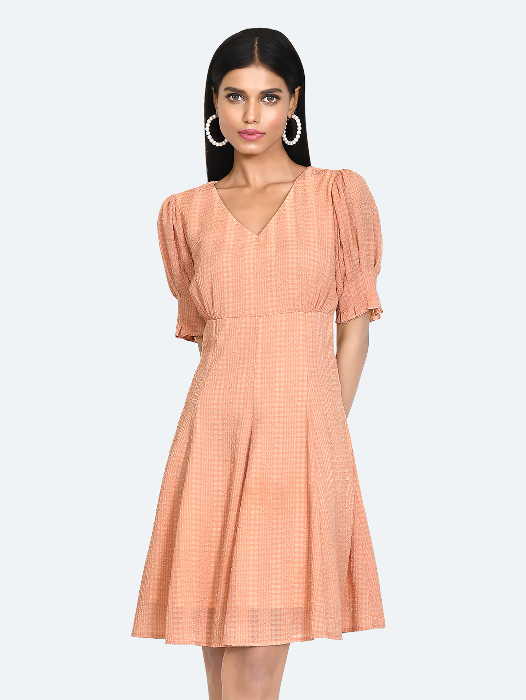 Orange Textured Puff Sleeve Short Dress