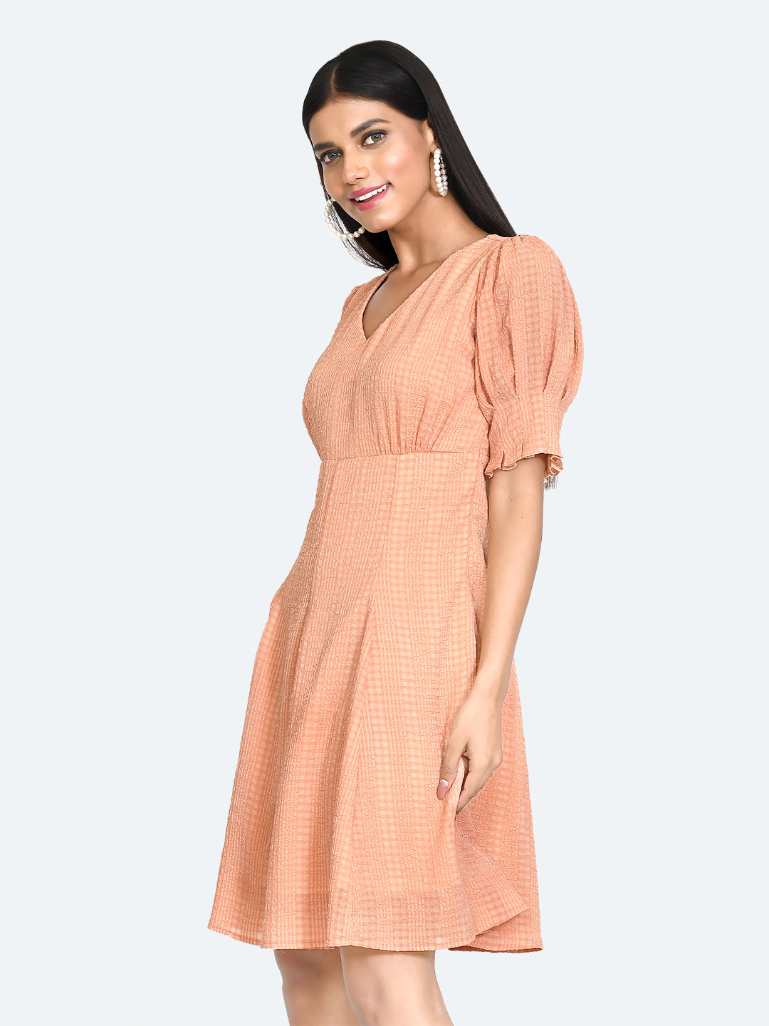 Orange Textured Puff Sleeve Short Dress