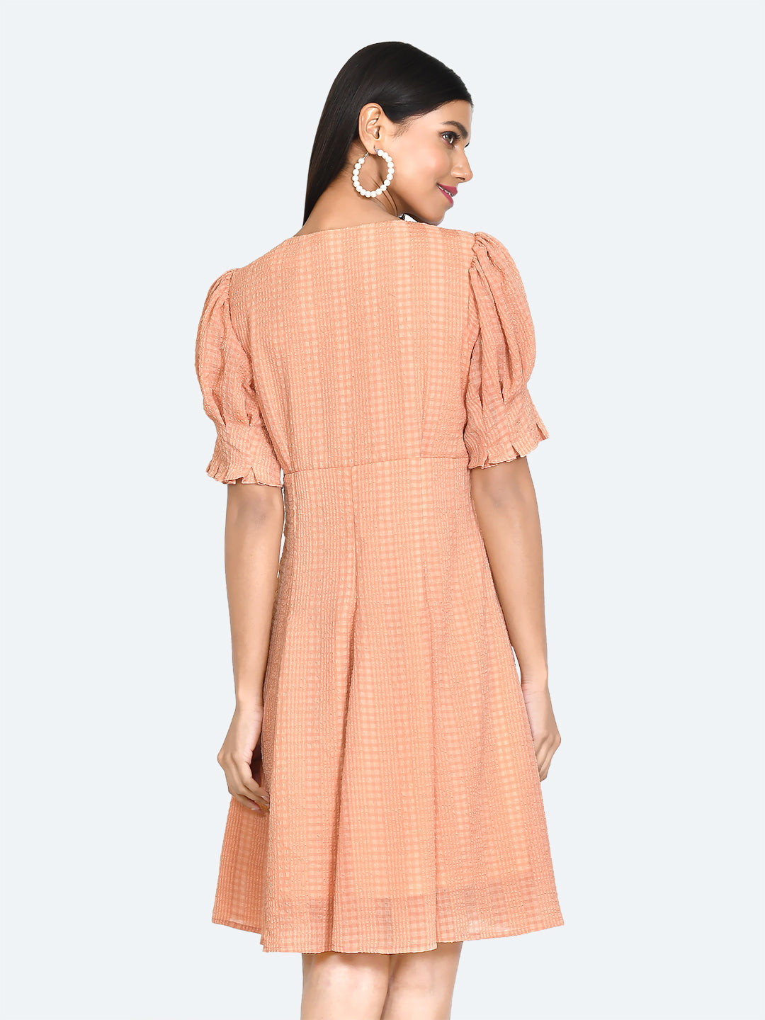 Orange Textured Puff Sleeve Short Dress