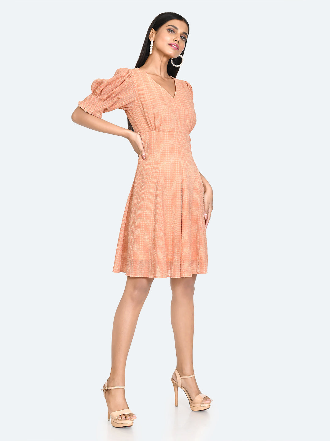 Orange Textured Puff Sleeve Short Dress