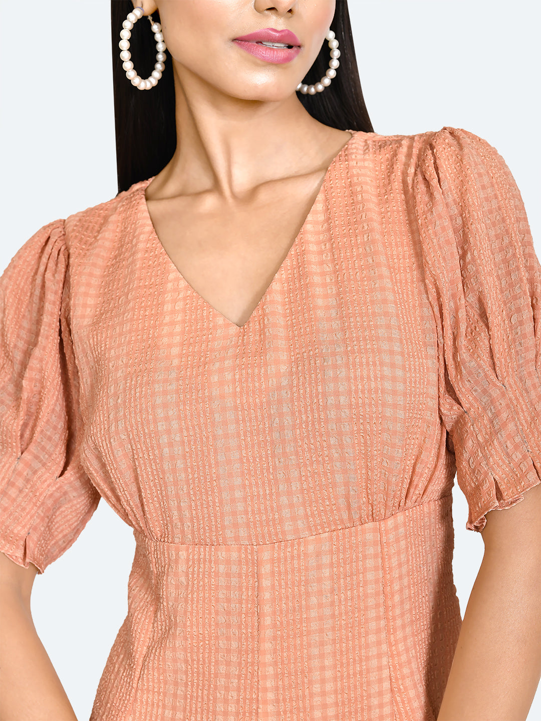 Orange Textured Puff Sleeve Short Dress