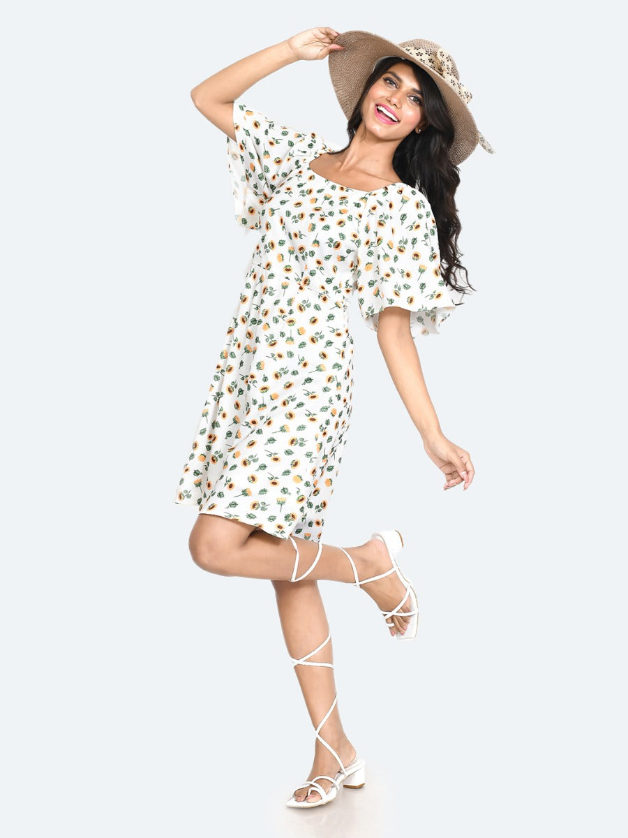 White Floral Print Flared Sleeve Short Dress