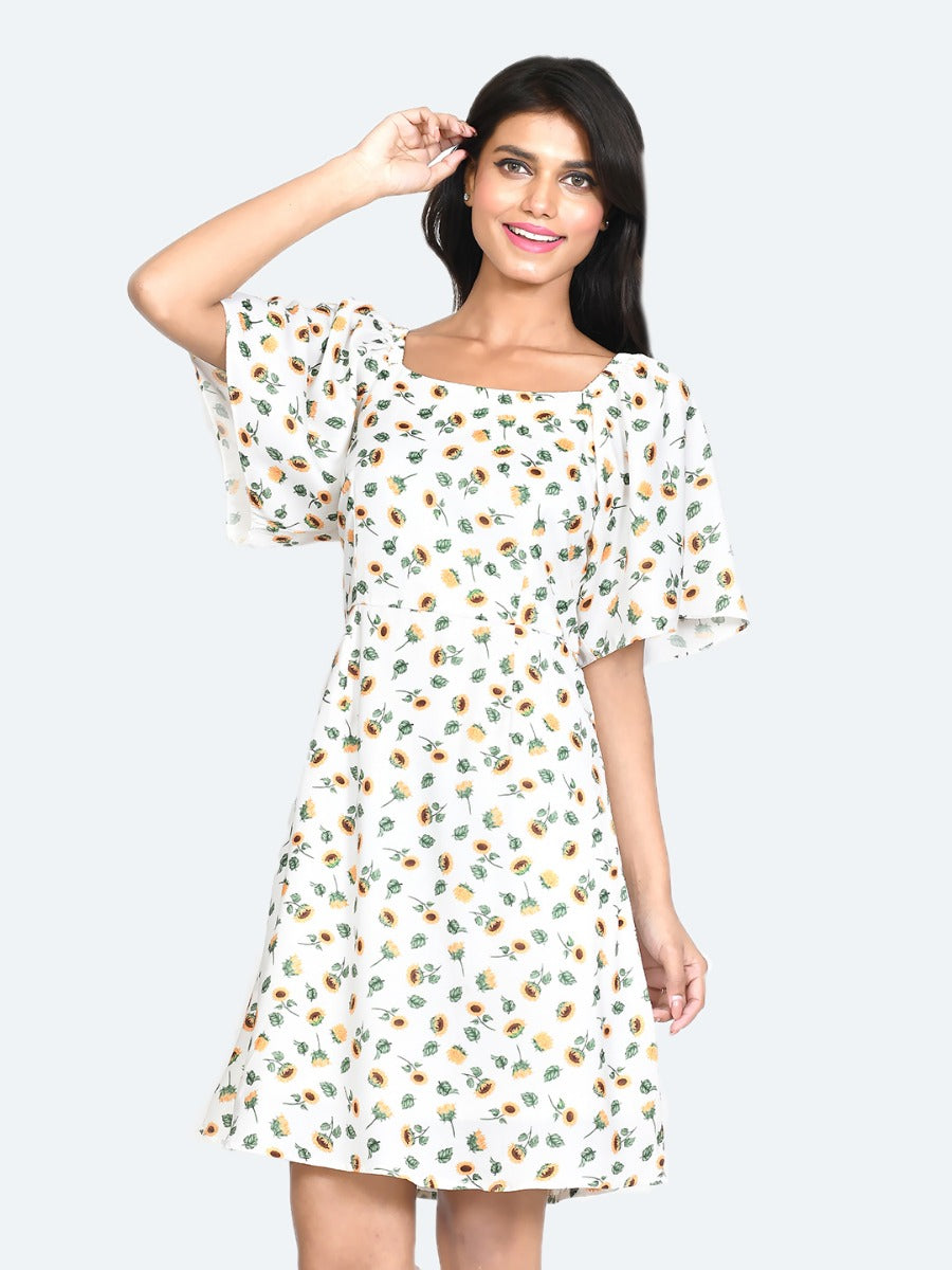 White Floral Print Flared Sleeve Short Dress