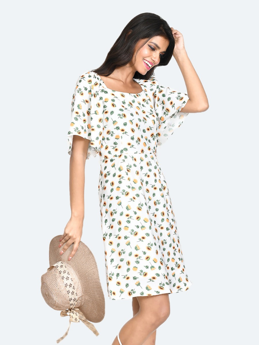 White Floral Print Flared Sleeve Short Dress