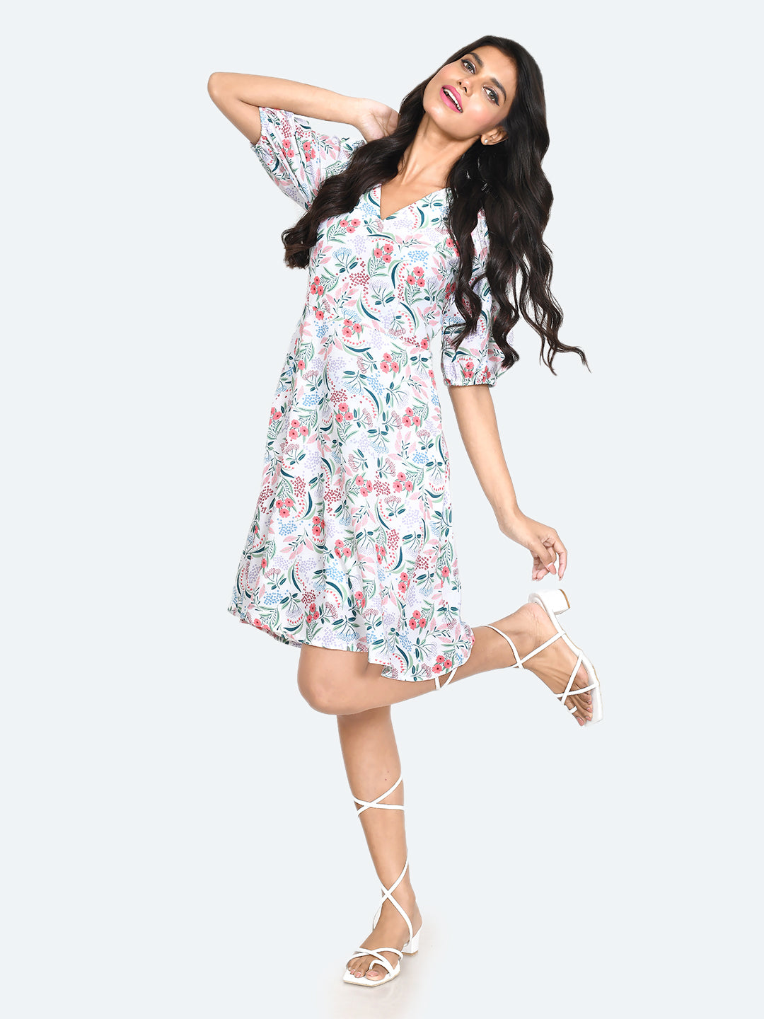 White Floral Print Puff Sleeve Short Dress