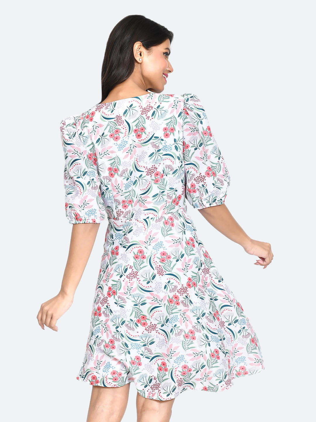 White Floral Print Puff Sleeve Short Dress