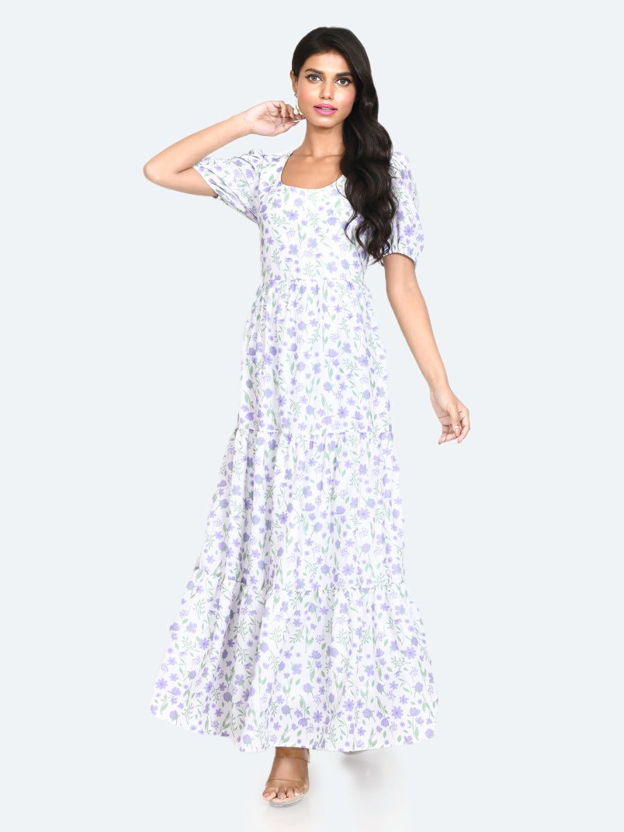 White Floral Print A-Line Maxi Dress