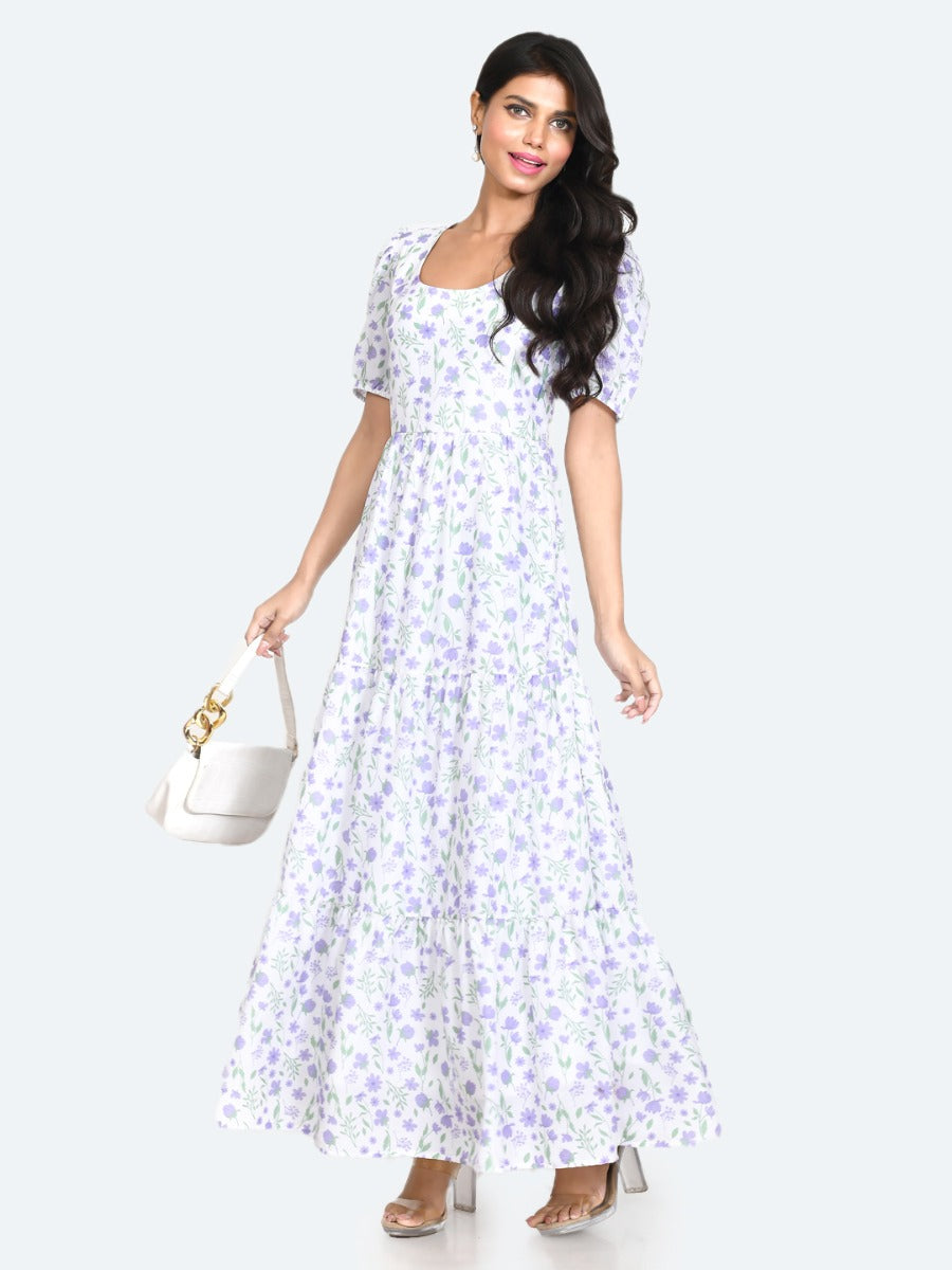 White Floral Print A-Line Maxi Dress