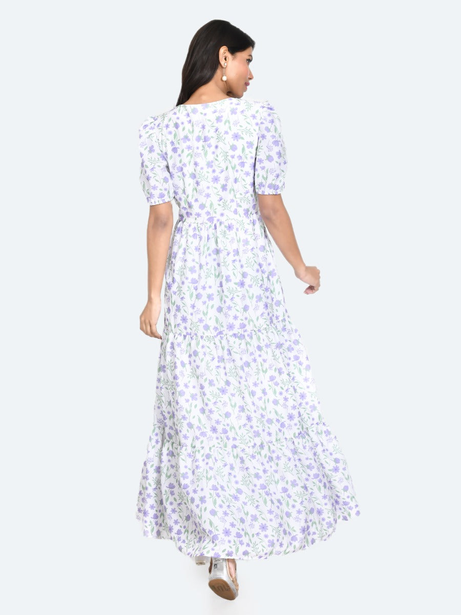 White Floral Print A-Line Maxi Dress