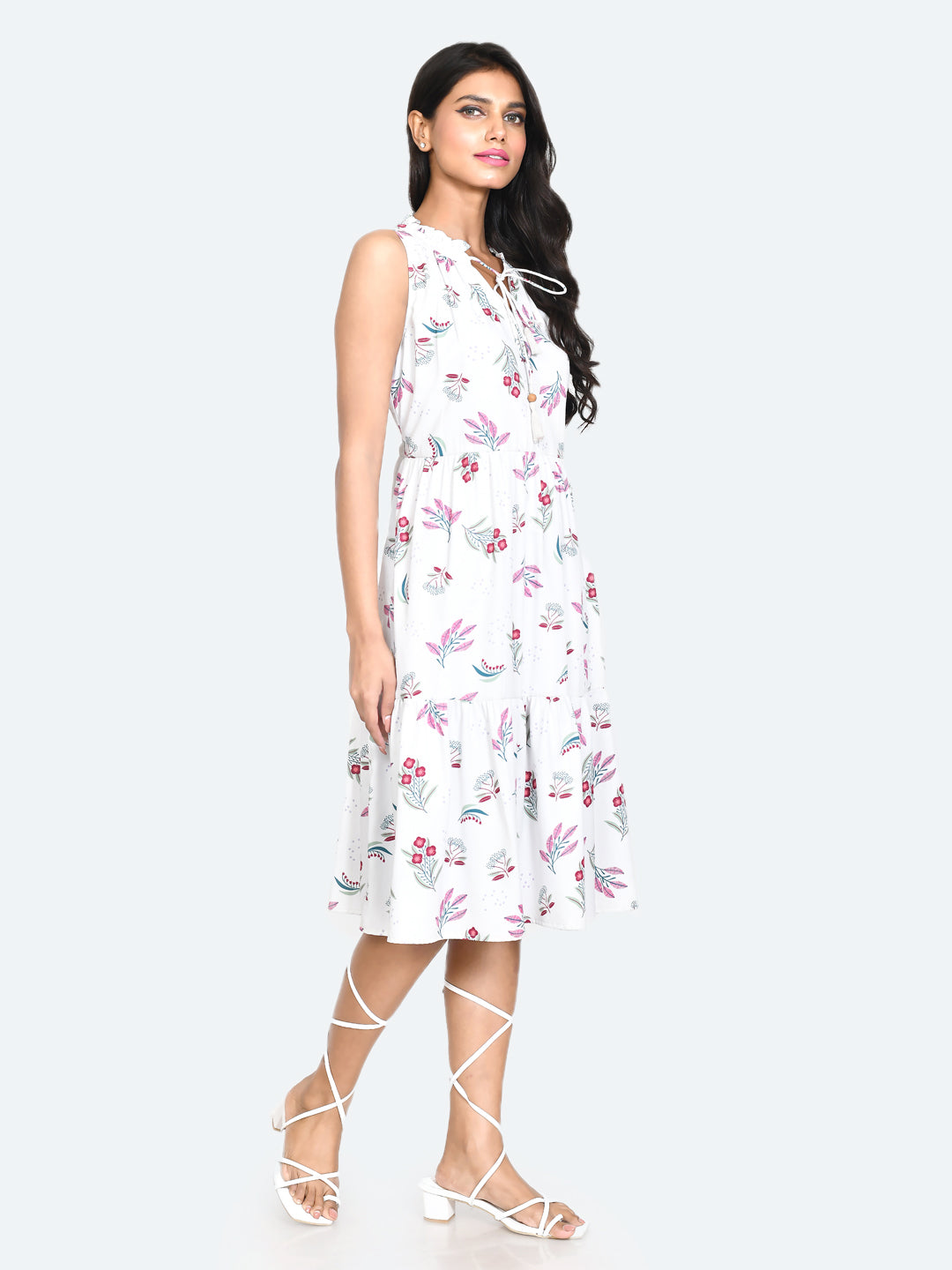 White Floral Print A-Line Midi Dress