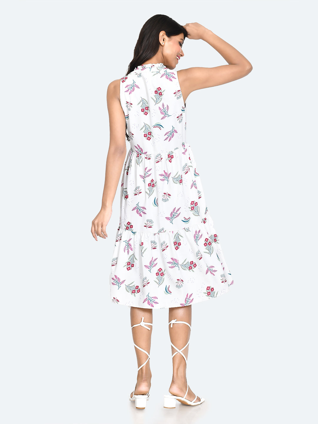 White Floral Print A-Line Midi Dress