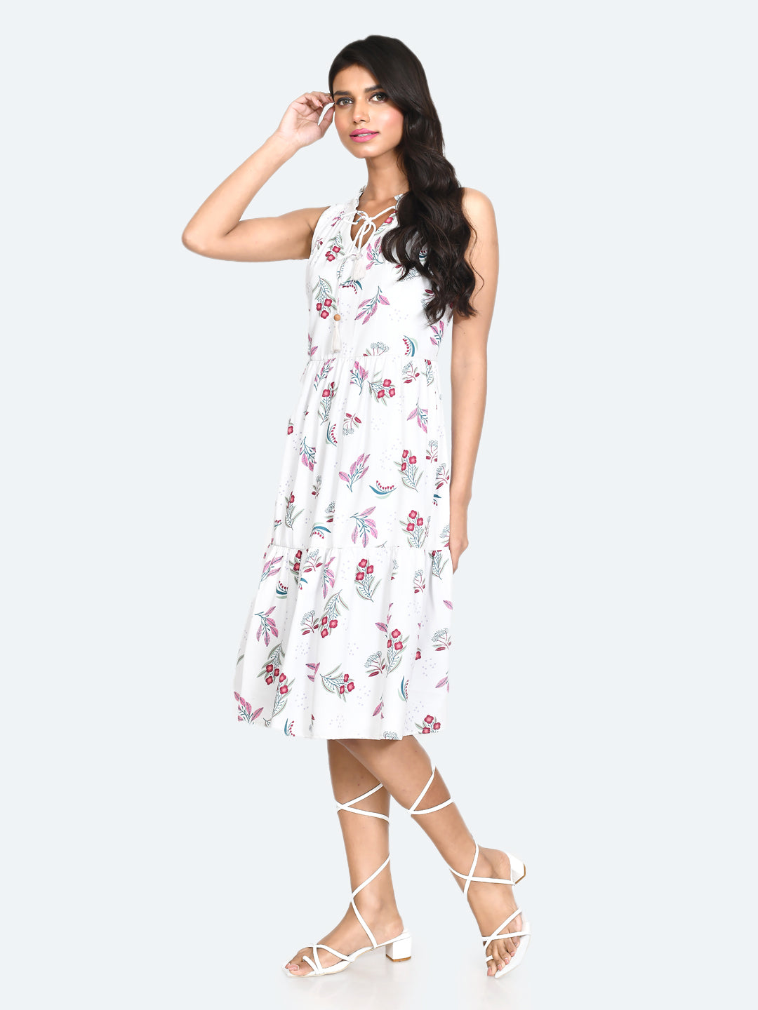 White Floral Print A-Line Midi Dress