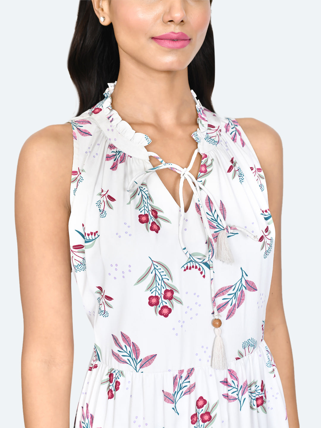 White Floral Print A-Line Midi Dress