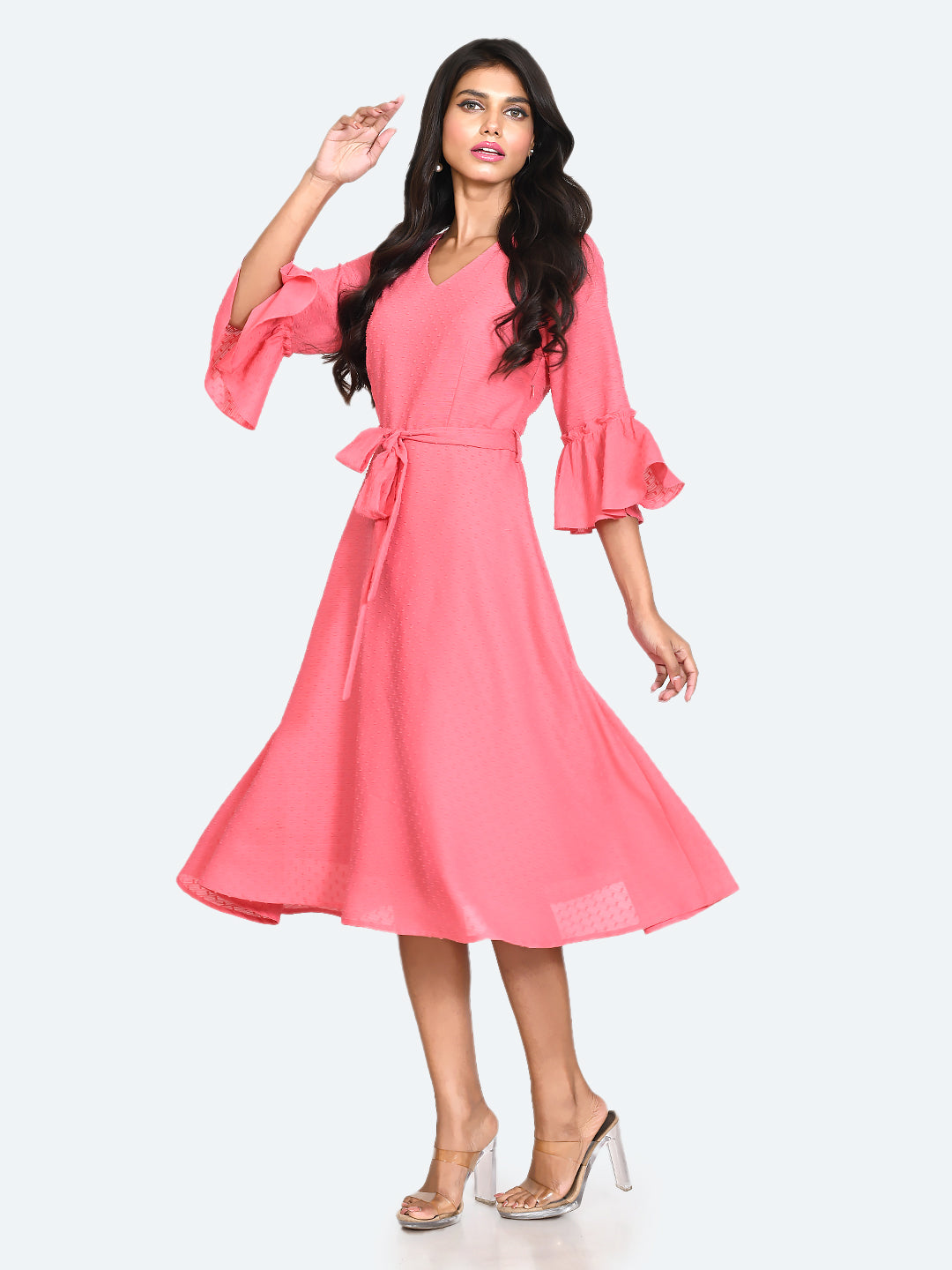 Pink Self Design Tie-Up Midi Dress