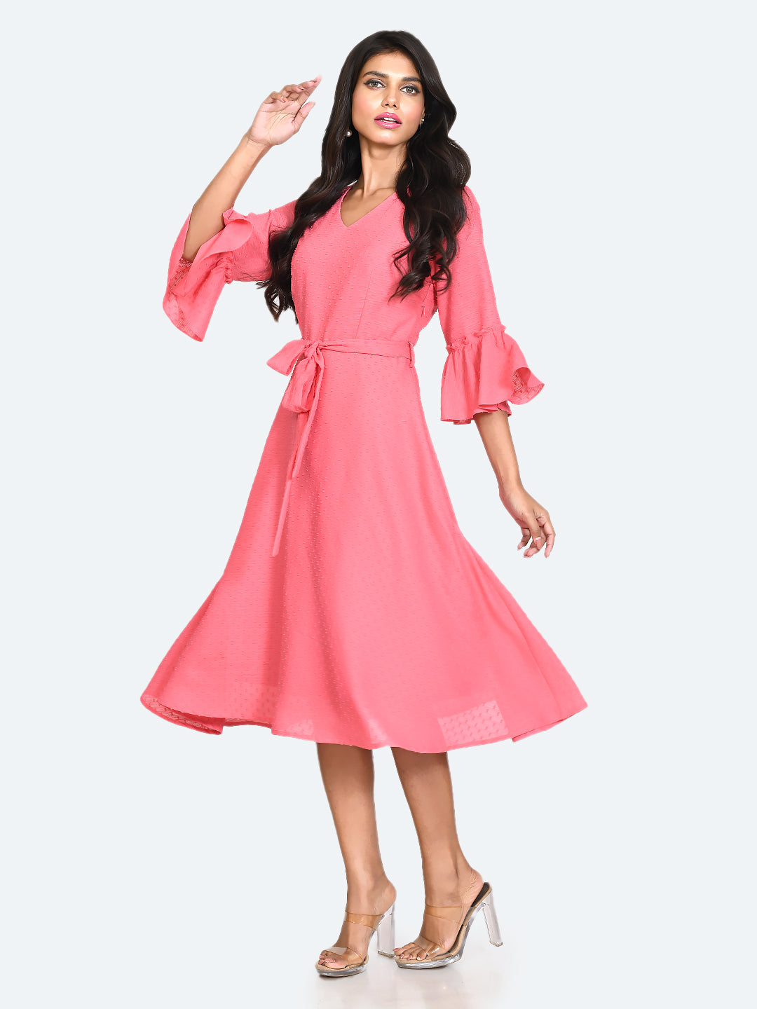 Beulah London Ahana Blush Pink Crepe Midi Dress - Kate Middleton Dresses -  Kate's Closet