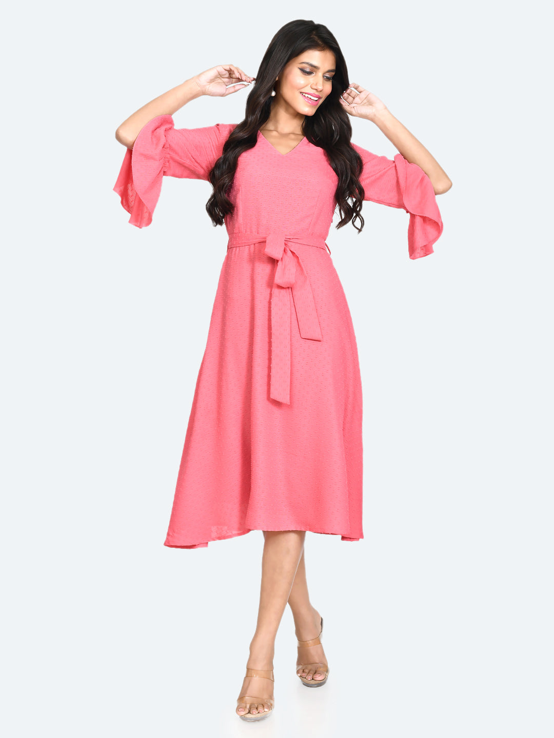 Pink Self Design Tie-Up Midi Dress