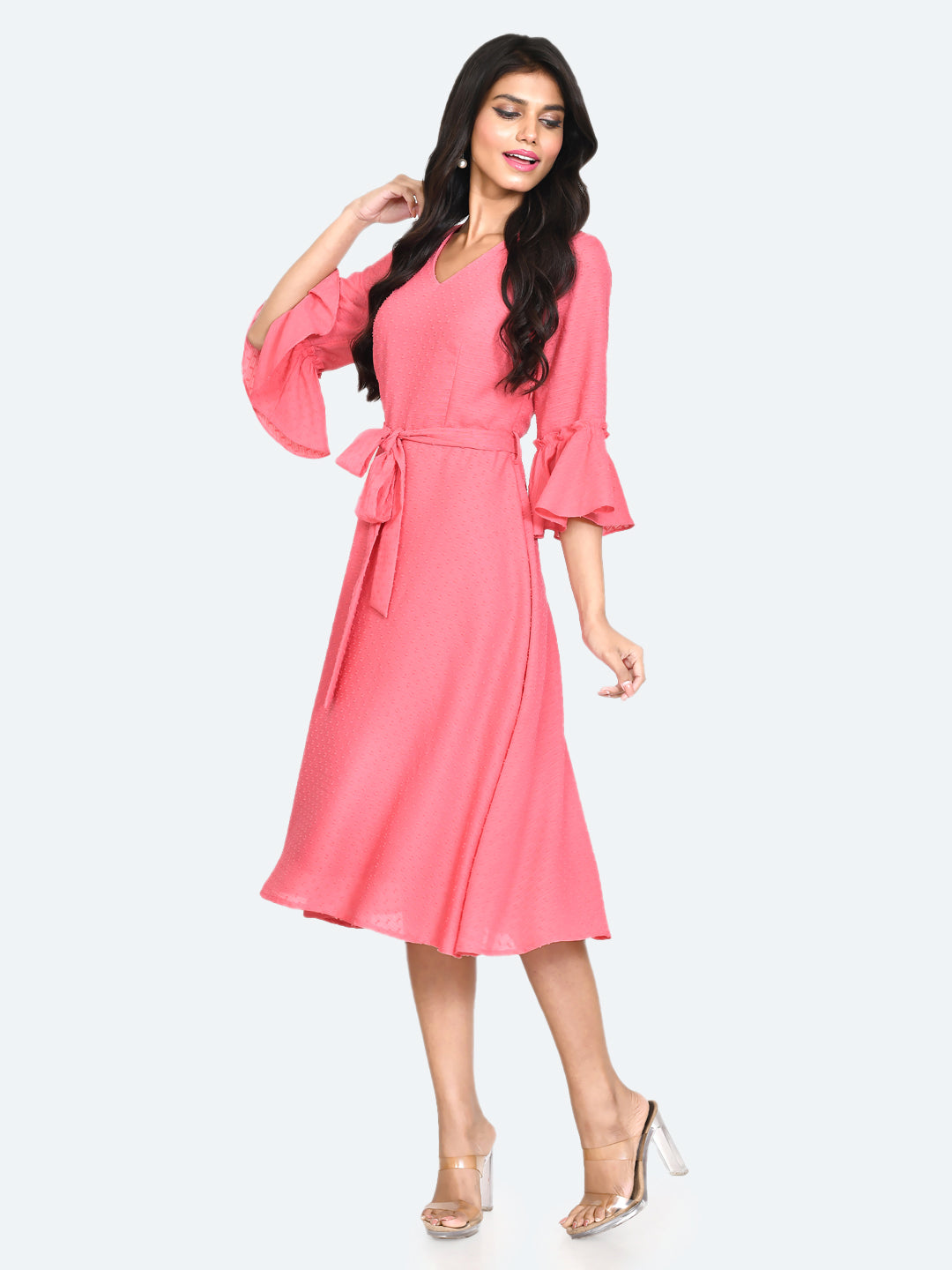 Pink Self Design Tie-Up Midi Dress