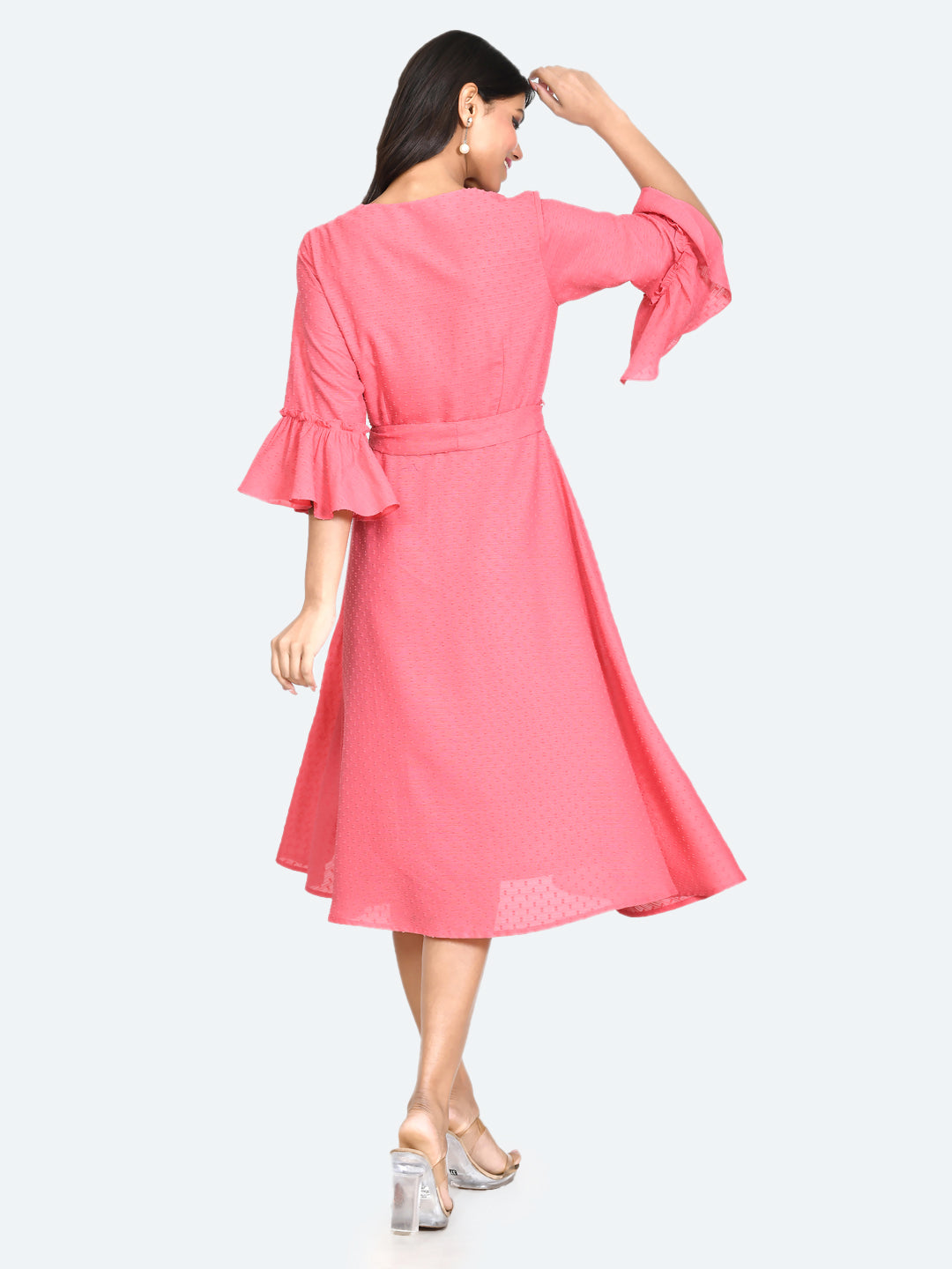 Pink Self Design Tie-Up Midi Dress