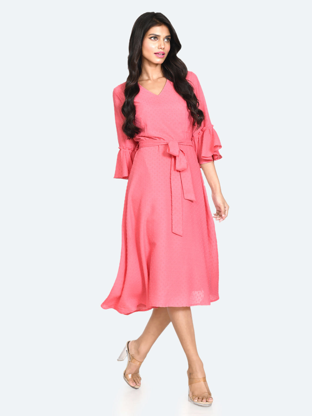 Pink Self Design Tie-Up Midi Dress