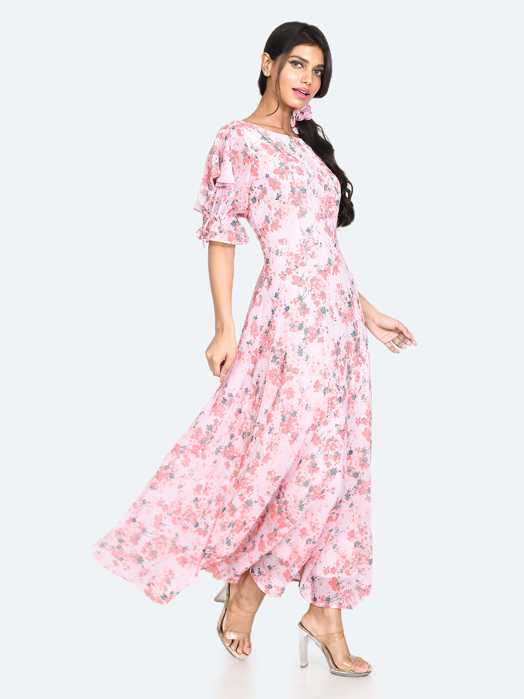 Pink Printed Tie-Up Maxi Dress