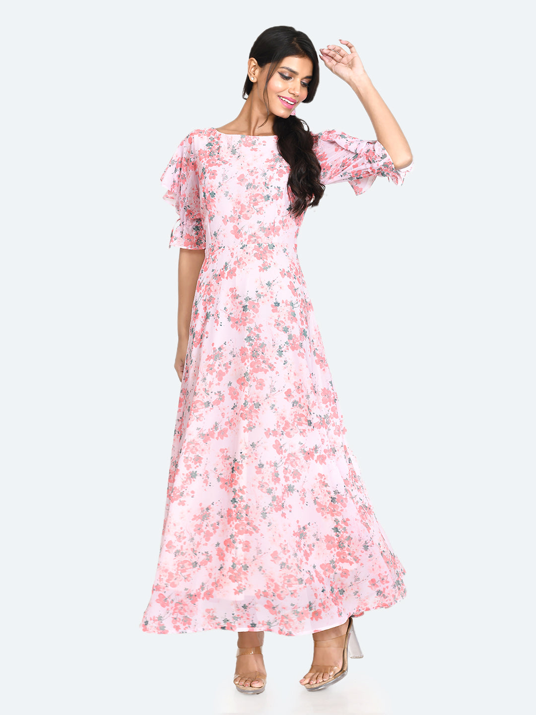 Pink Printed Tie-Up Maxi Dress