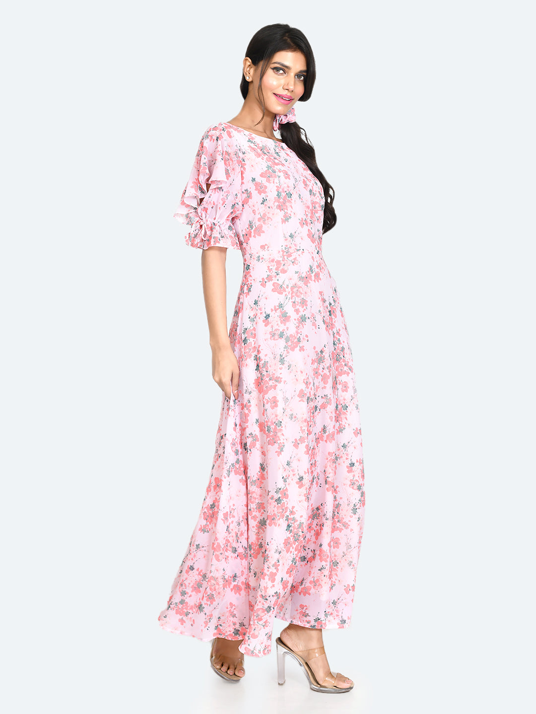 Pink Printed Tie-Up Maxi Dress