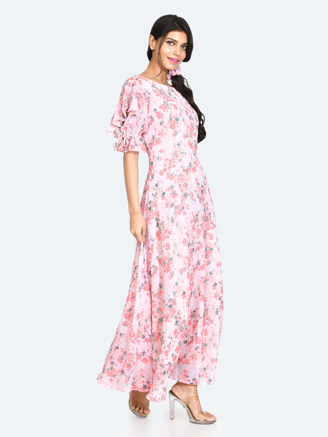 Pink Printed Tie-Up Maxi Dress For Women