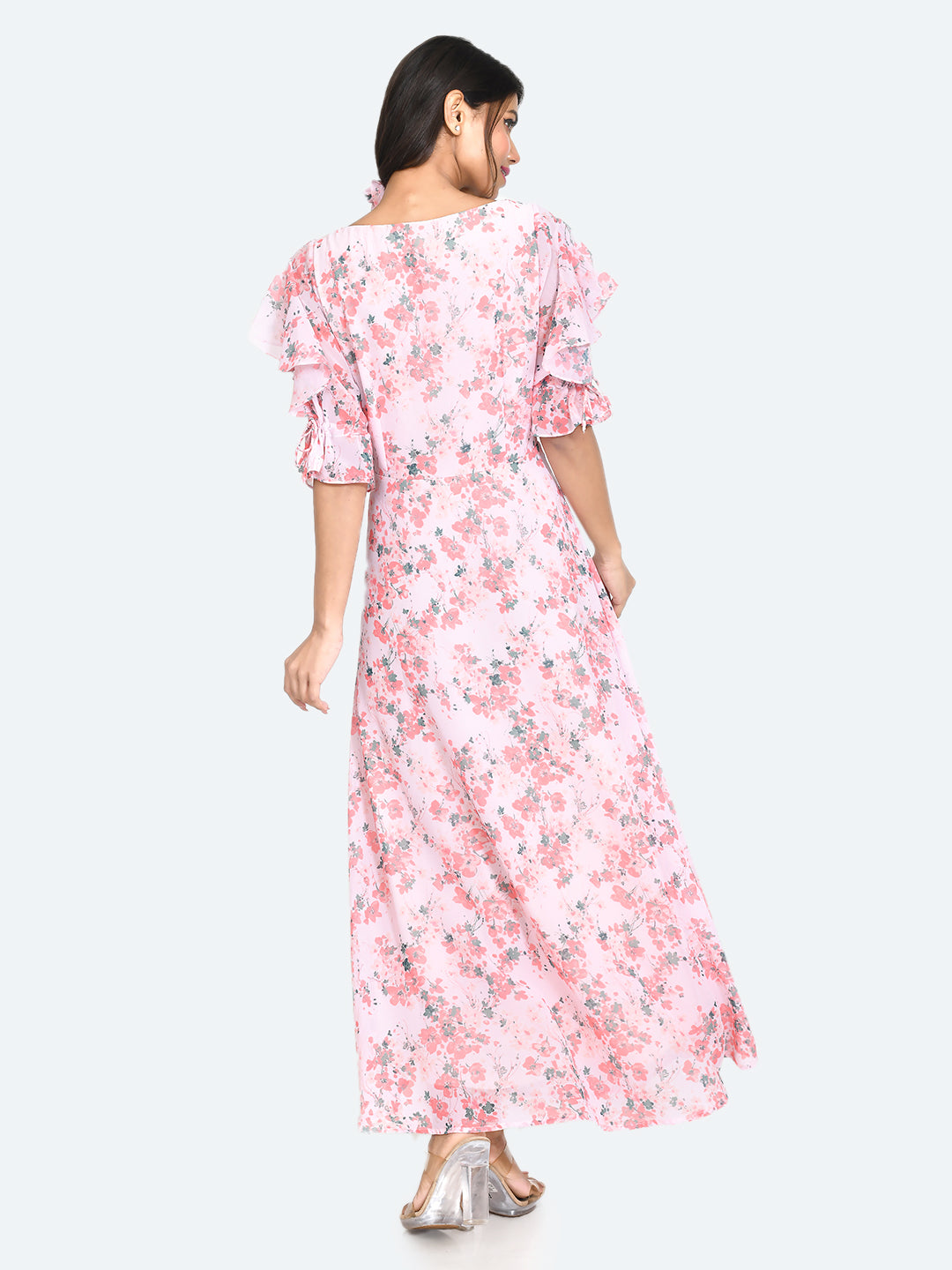 Pink Printed Tie-Up Maxi Dress