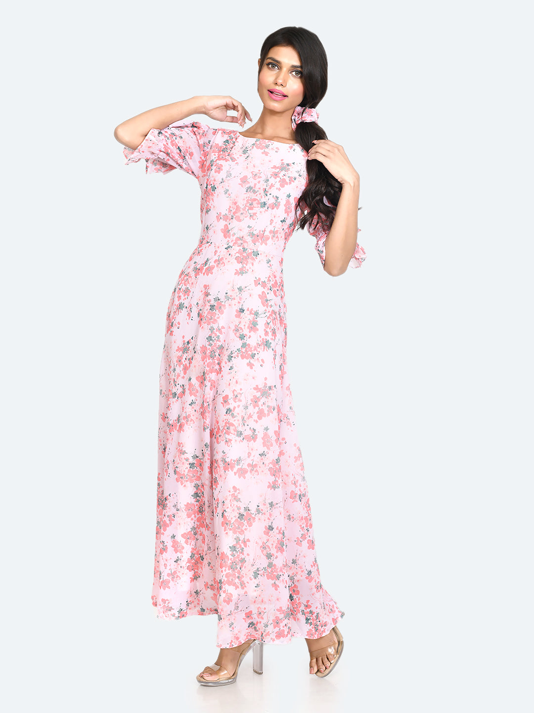Pink Printed Tie-Up Maxi Dress For Women