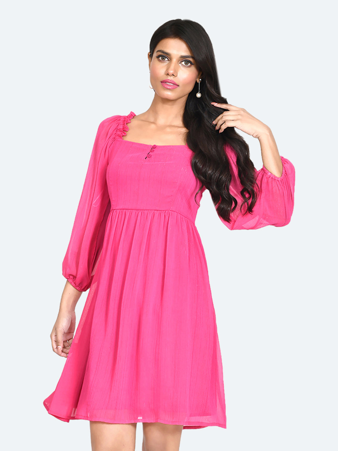 Pink Solid Frill Short Dress