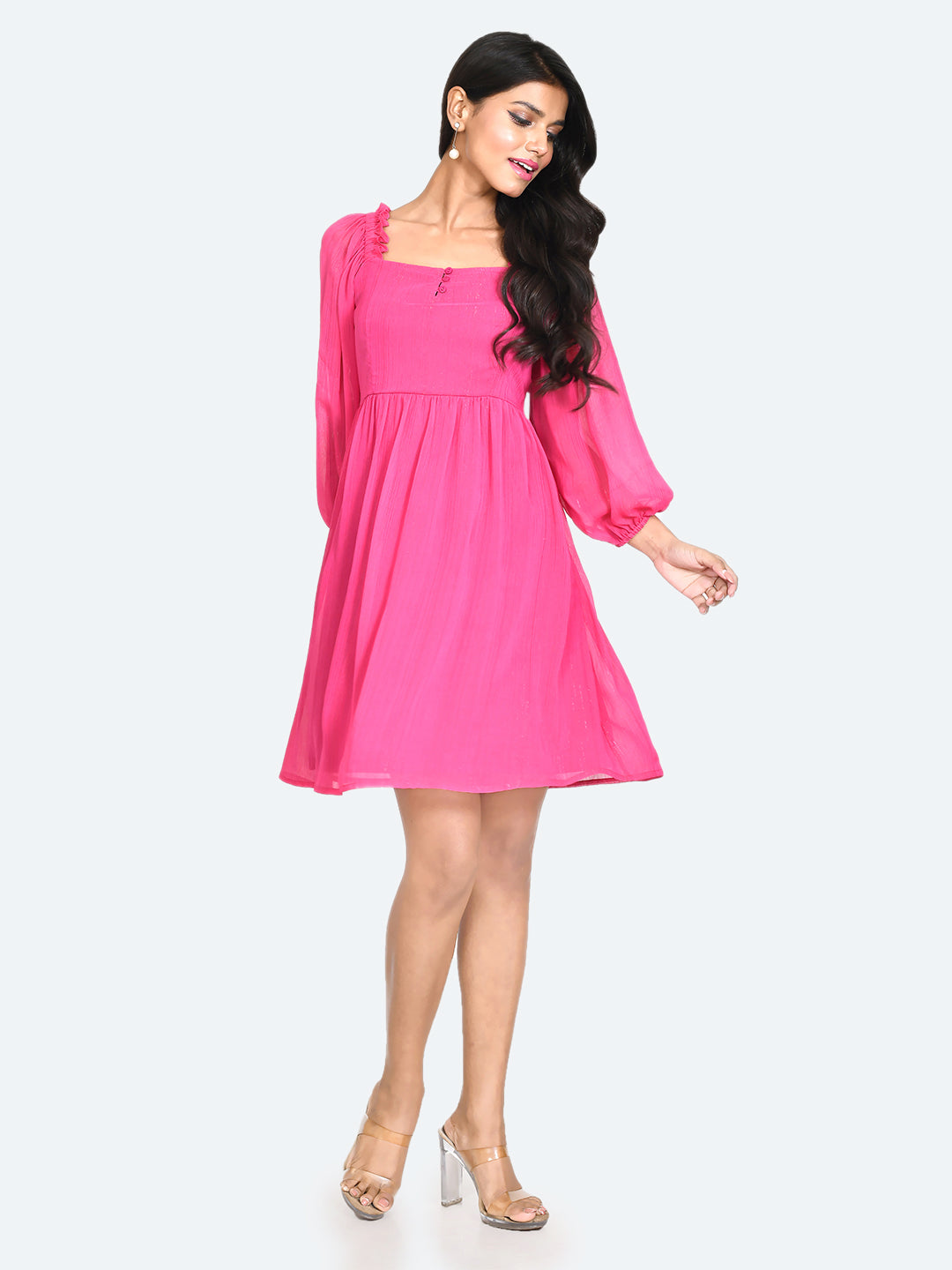 Pink Solid Frill Short Dress