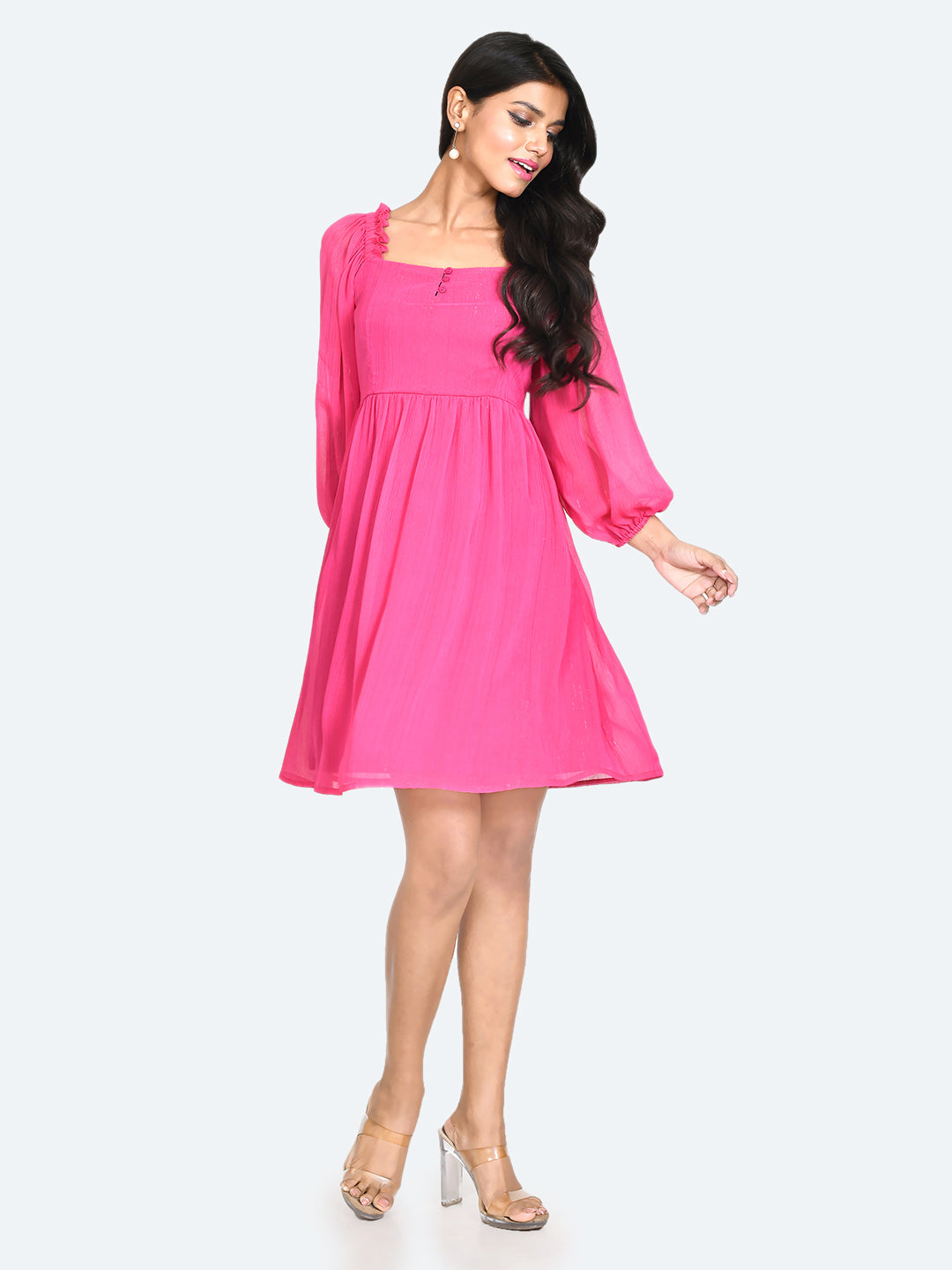 Pink Solid Frill Short Dress For Women