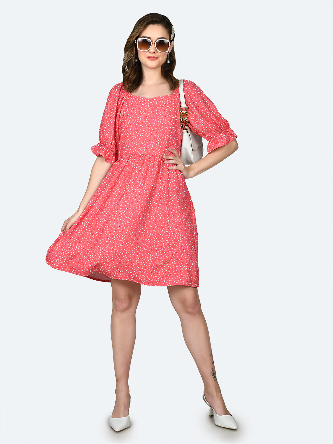 Pink Printed Elasticated Short Dress