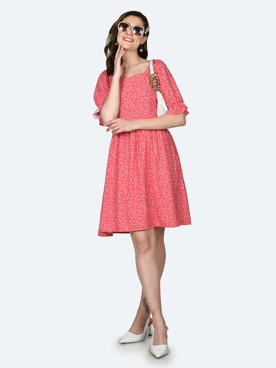 Pink Printed Elasticated Short Dress