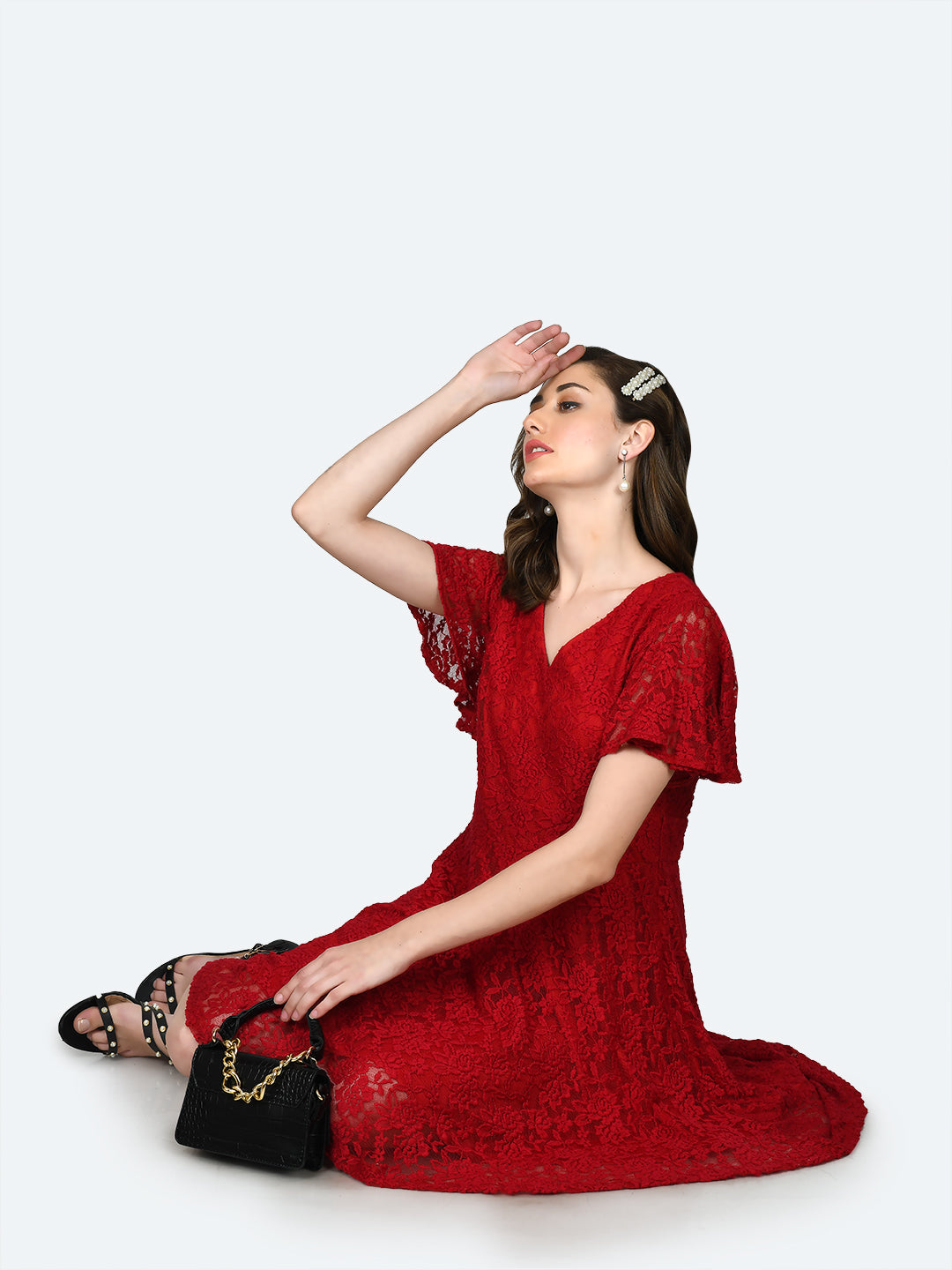 Red Lace Flared Sleeve Short Dress