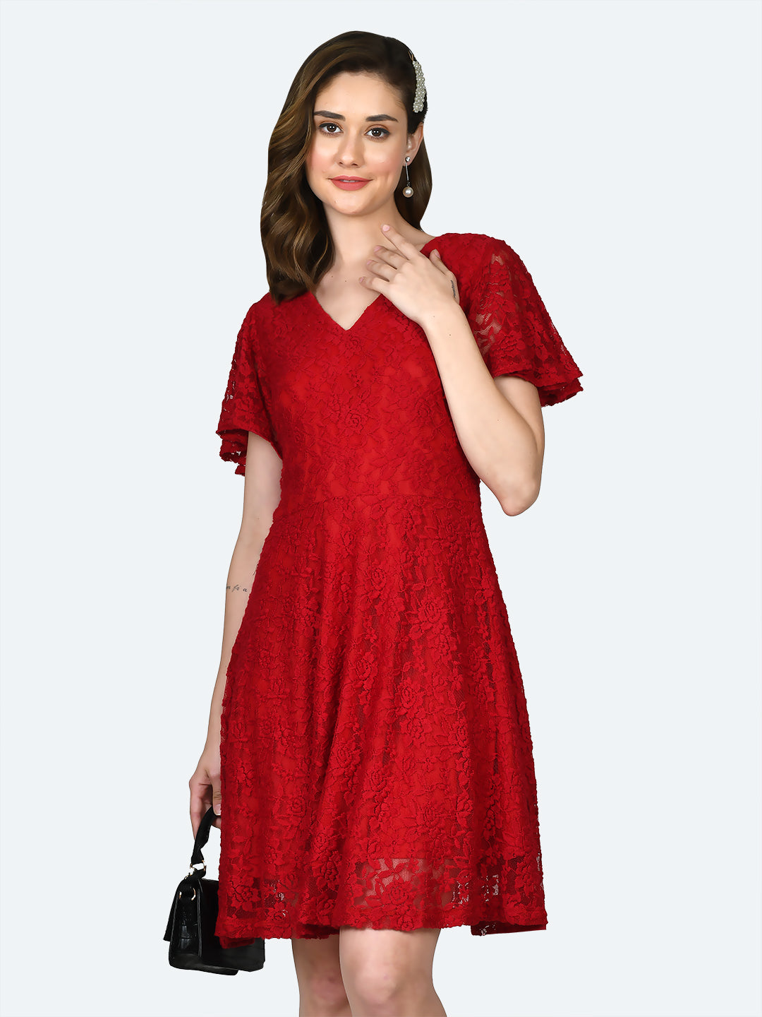 Red Lace Flared Sleeve Short Dress For Women