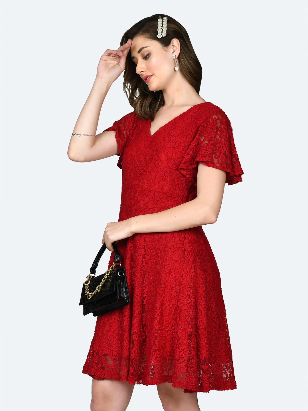 Red Lace Flared Sleeve Short Dress