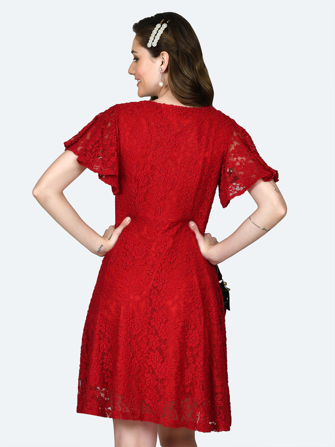 Red Lace Flared Sleeve Short Dress For Women