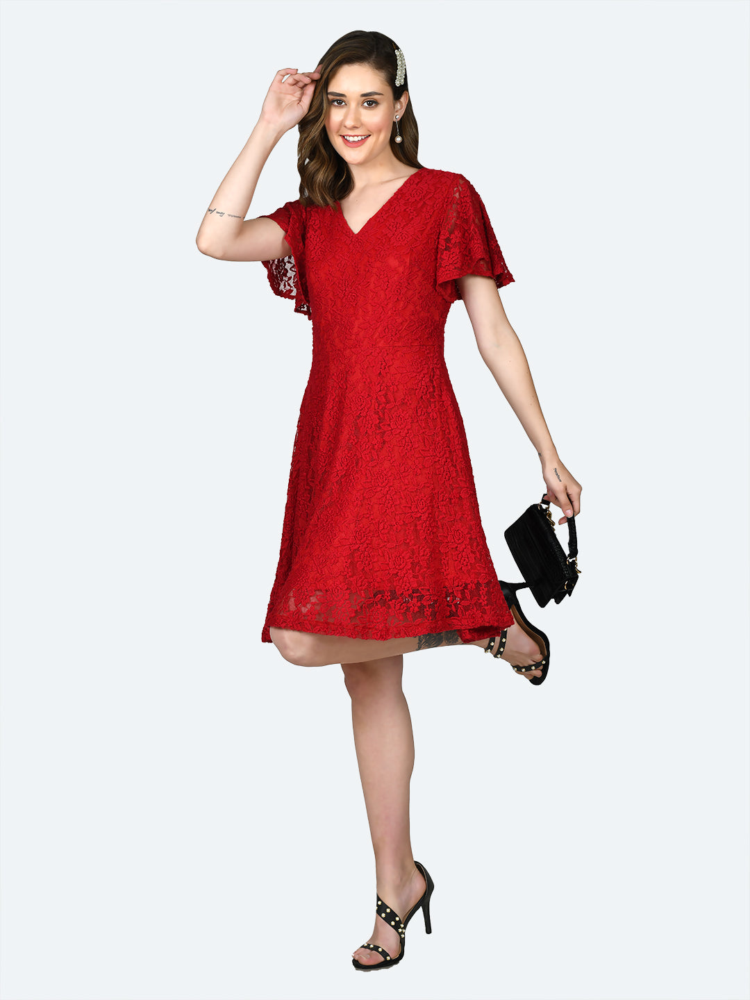 Red Lace Flared Sleeve Short Dress