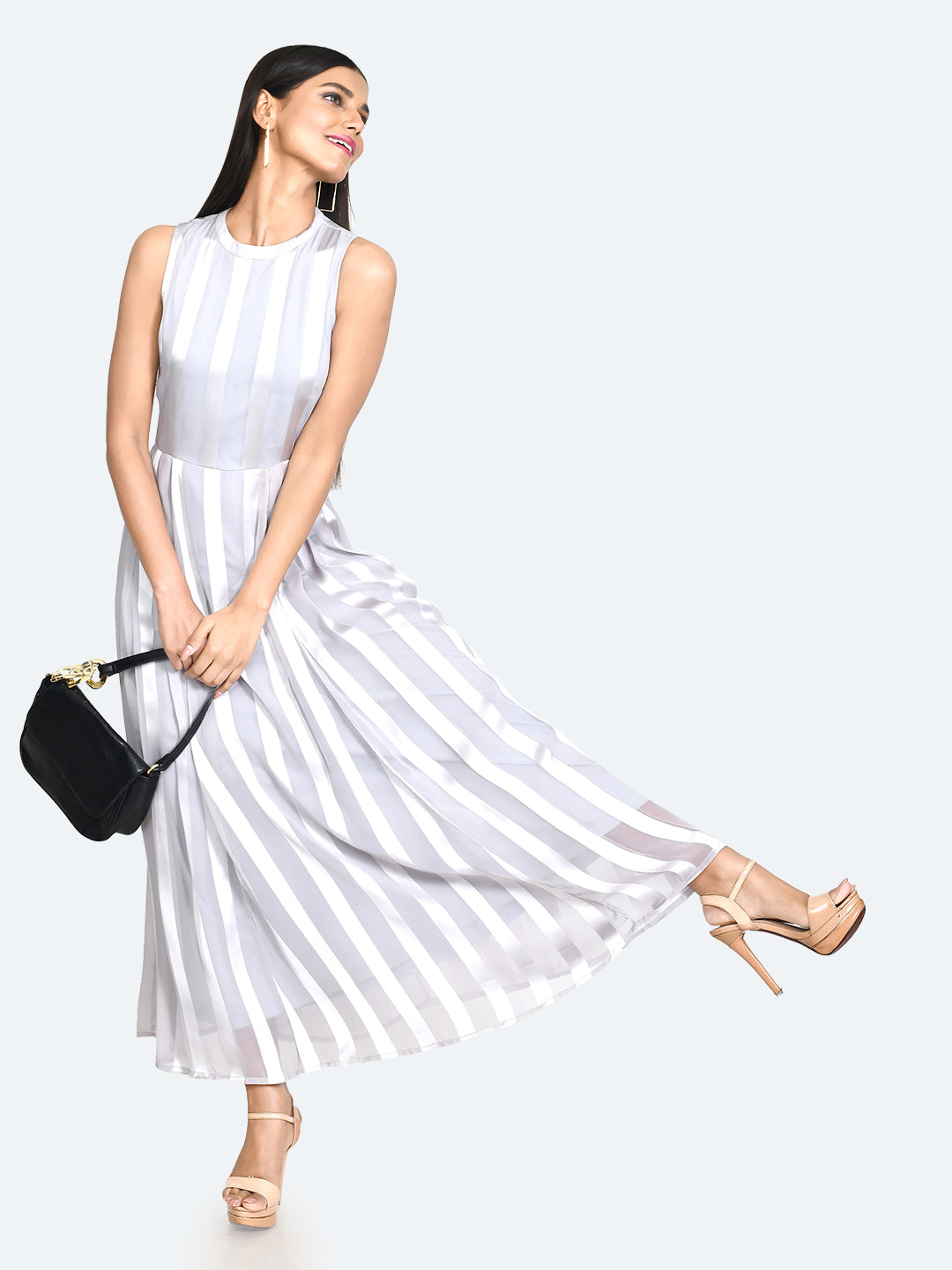 Grey Striped A-Line Maxi Dress