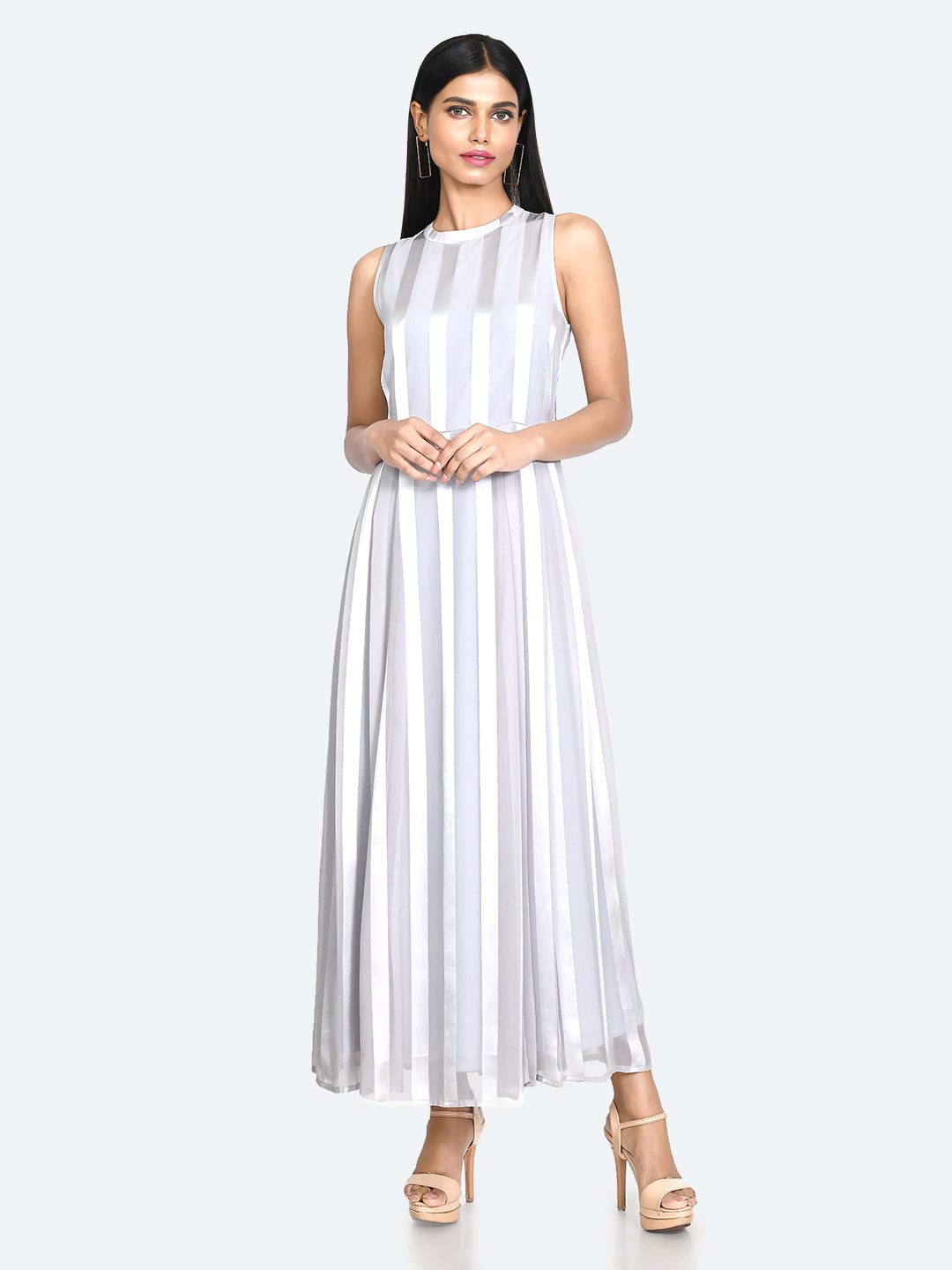 Grey Striped A-Line Maxi Dress