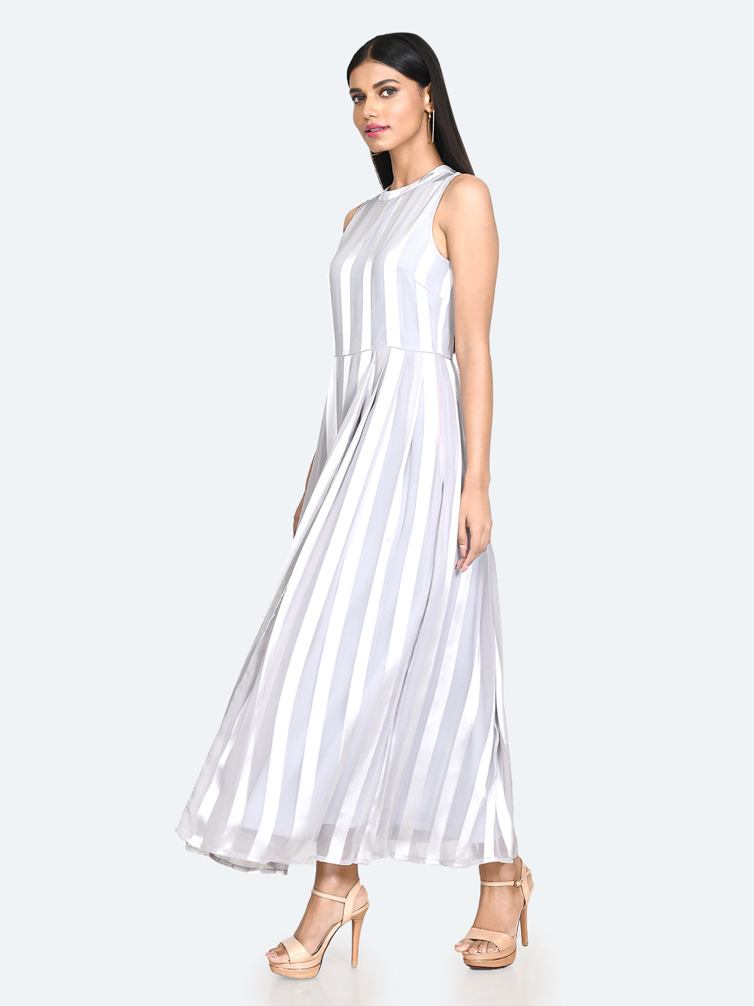 Grey Striped A-Line Maxi Dress