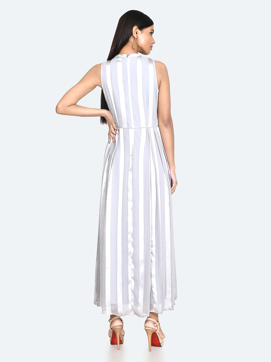 Grey Striped A-Line Maxi Dress For Women