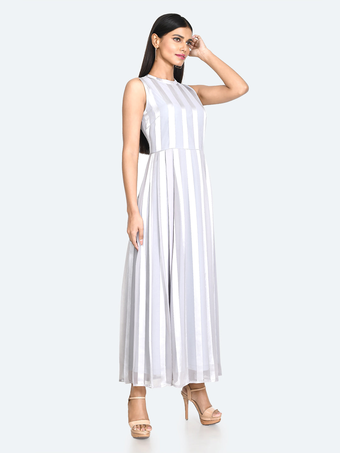 Grey Striped A-Line Maxi Dress