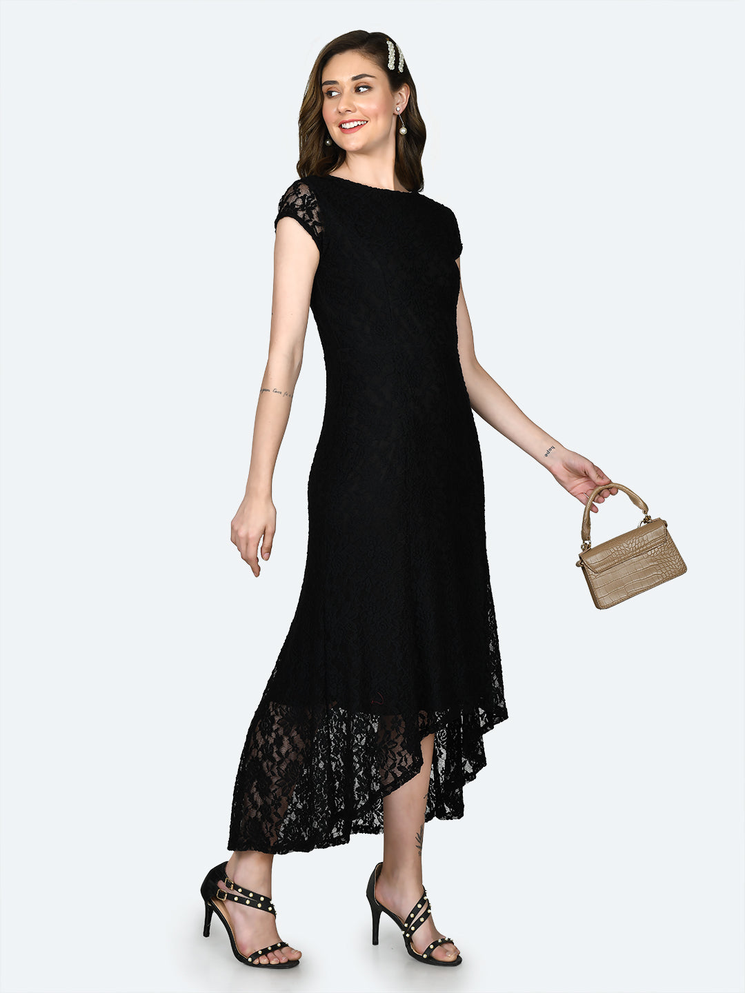 Black Lace Fitted Maxi Dress For Women