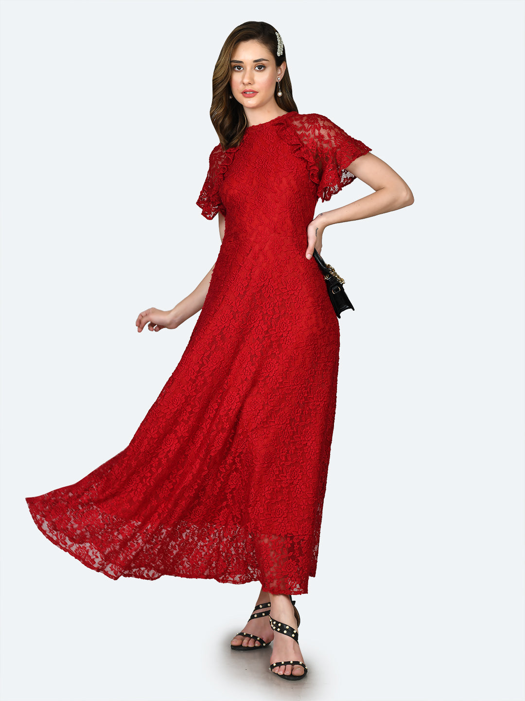 Red Lace Ruffled Maxi Dress