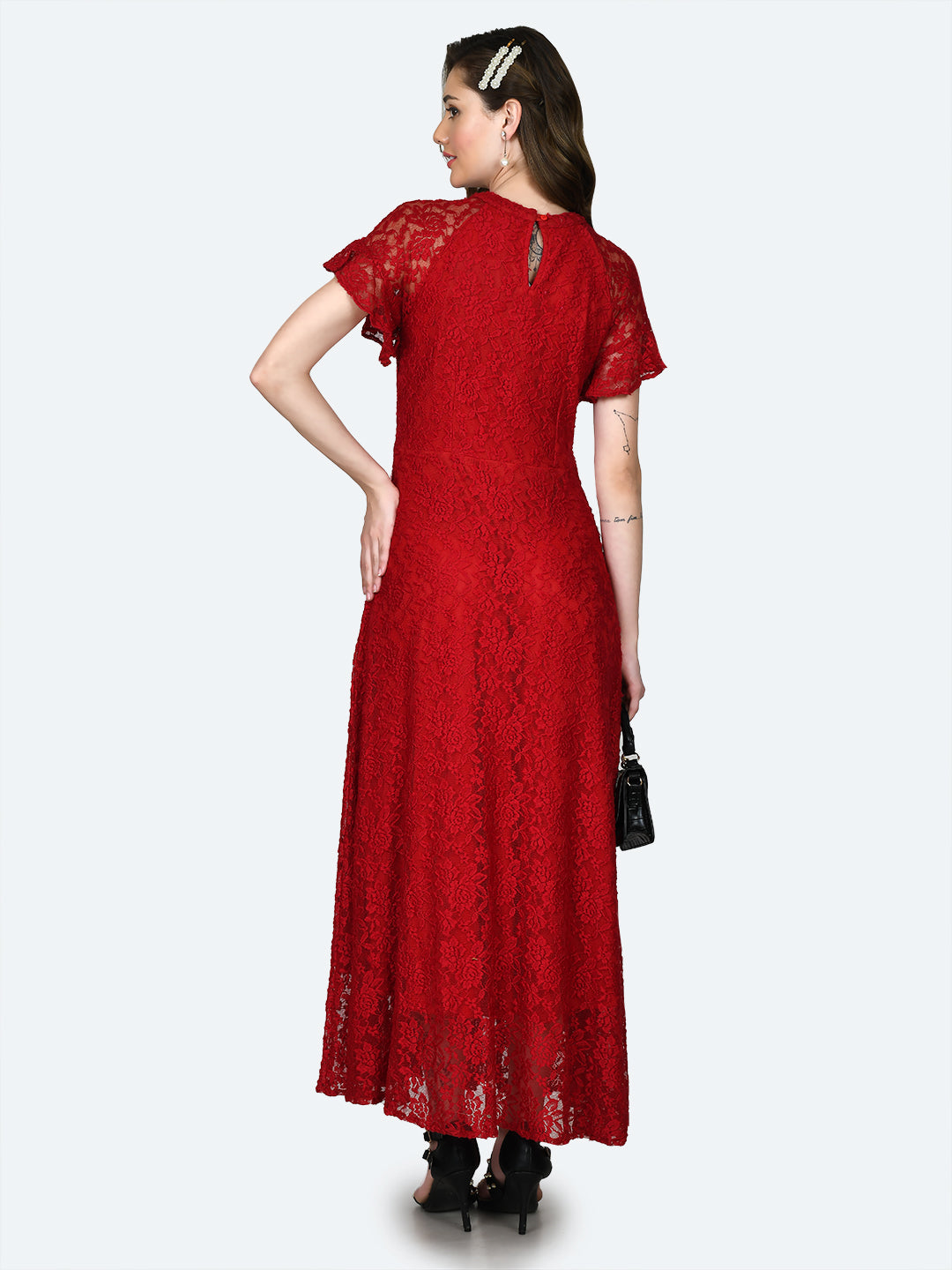 Red Lace Ruffled Maxi Dress