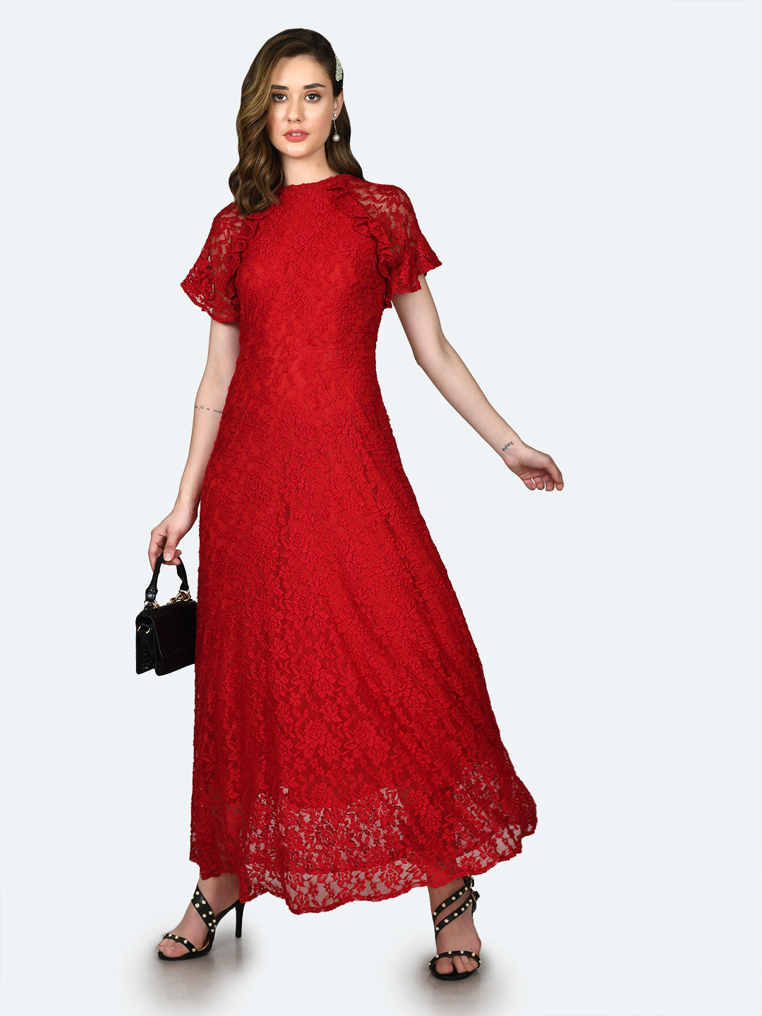 Red Lace Ruffled Maxi Dress